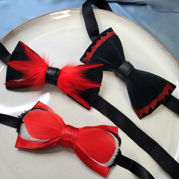 NEW Black Red Modern Groom Natural Multi layer Feather Evening Bow Tie - Picture 1 of 6